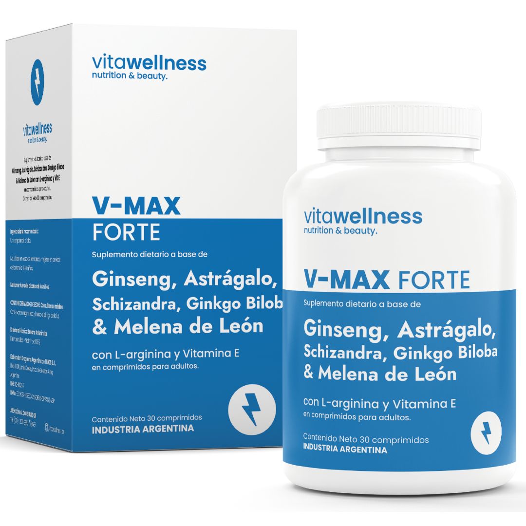 V MAX FORTE X 30 COMP | GINSENG, ASTRAGALO, SCHIZANDRA, GINKGO BILOBA & MELENA DE LEON VITAWELLNES